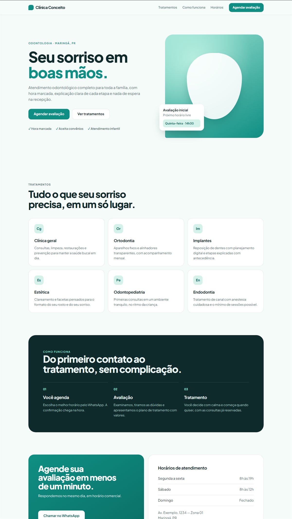 Captura do site conceito de uma clínica odontológica, em tons de verde-água