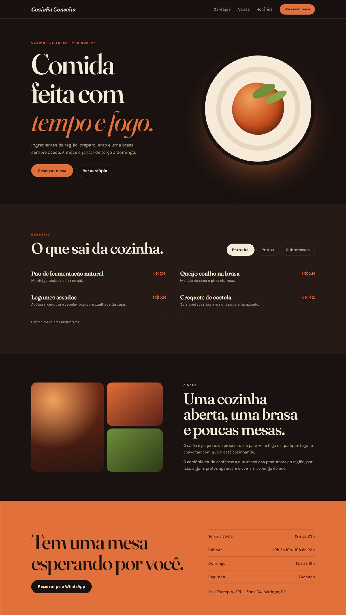 Captura do site conceito de um restaurante, escuro e em tons quentes